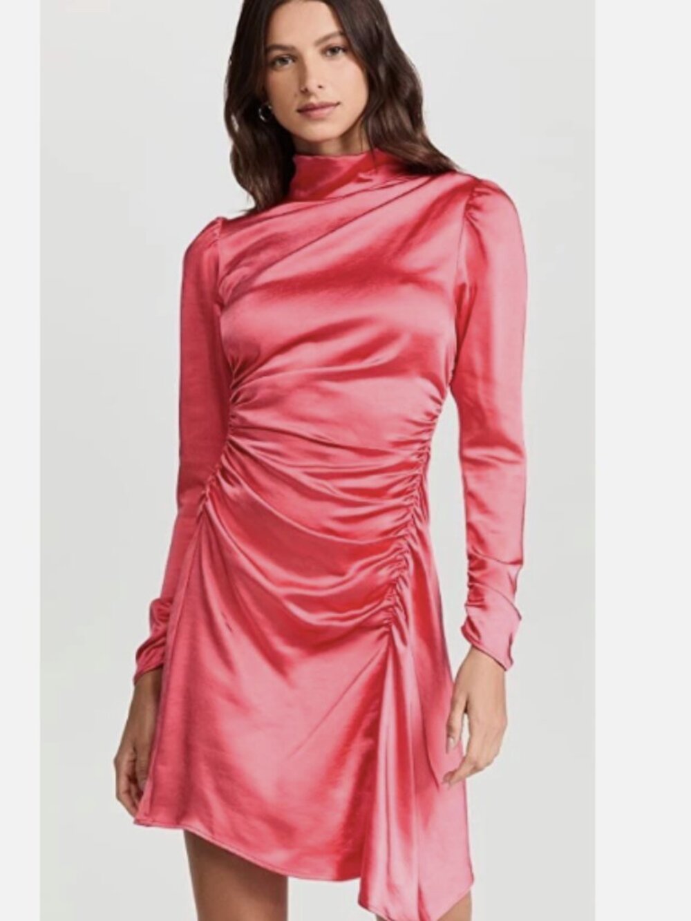 NEW A.L.C. Joss Hibiscus Mock Neck Satin Ruched Long Sleeve Mini Dress Size 0